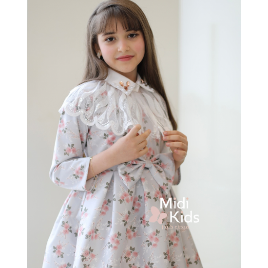 صورة فستان بناتي مورد ناعم | فيونكة خصر أنيقة وتفاصيل رقبة ذانتيل - M3766